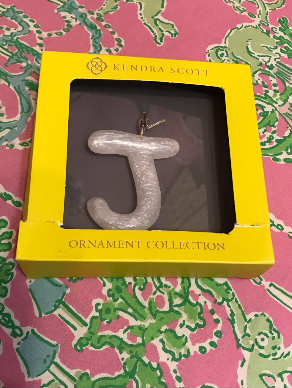 Kendra Scott pearlescent ivory resin J initial ornament